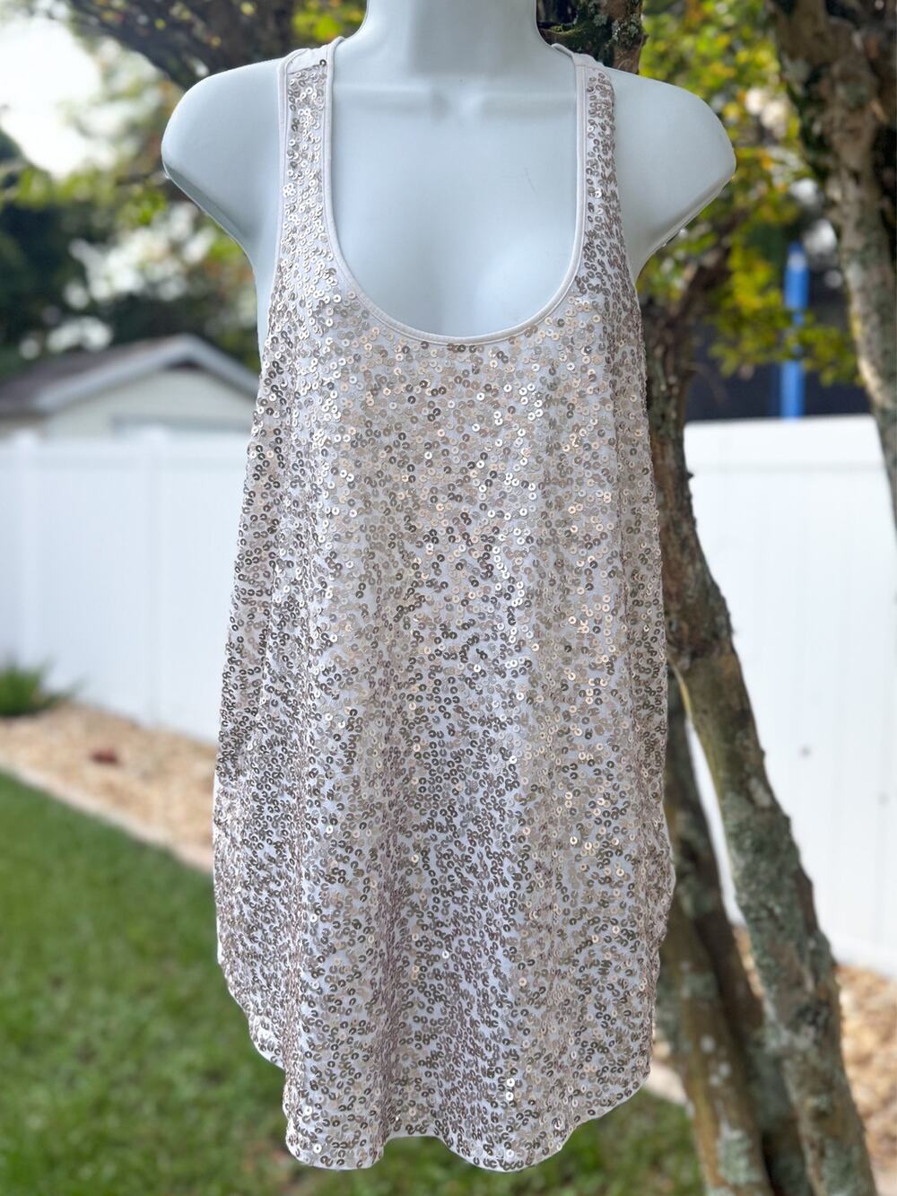 Express White Champagne Sequin Racerback Tank Top XS Party Holiday